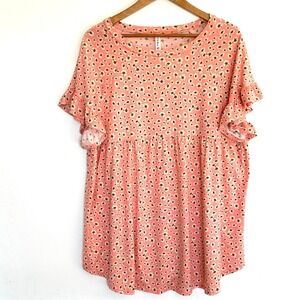 P&Rose Tunic Women's 2XL Coral Floral Ruffle Sleeve Babydoll Shirt Made In USA